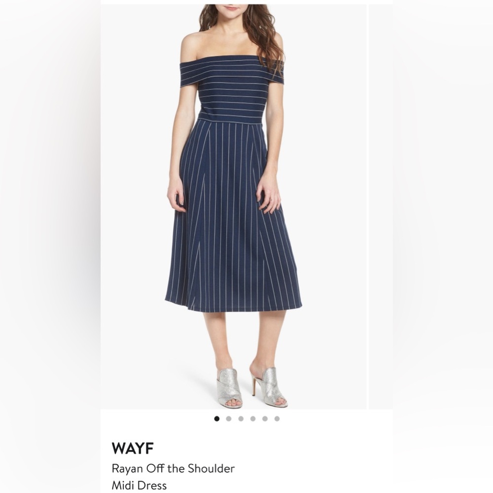 WAYF Off the Shoulder Midi Dress in color “Navy Stripe”